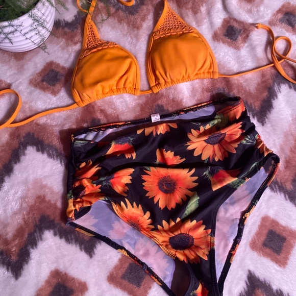 Orange Sunflower Tummy Control Two piece Bikini Bathing suit - Picture 3 of 15